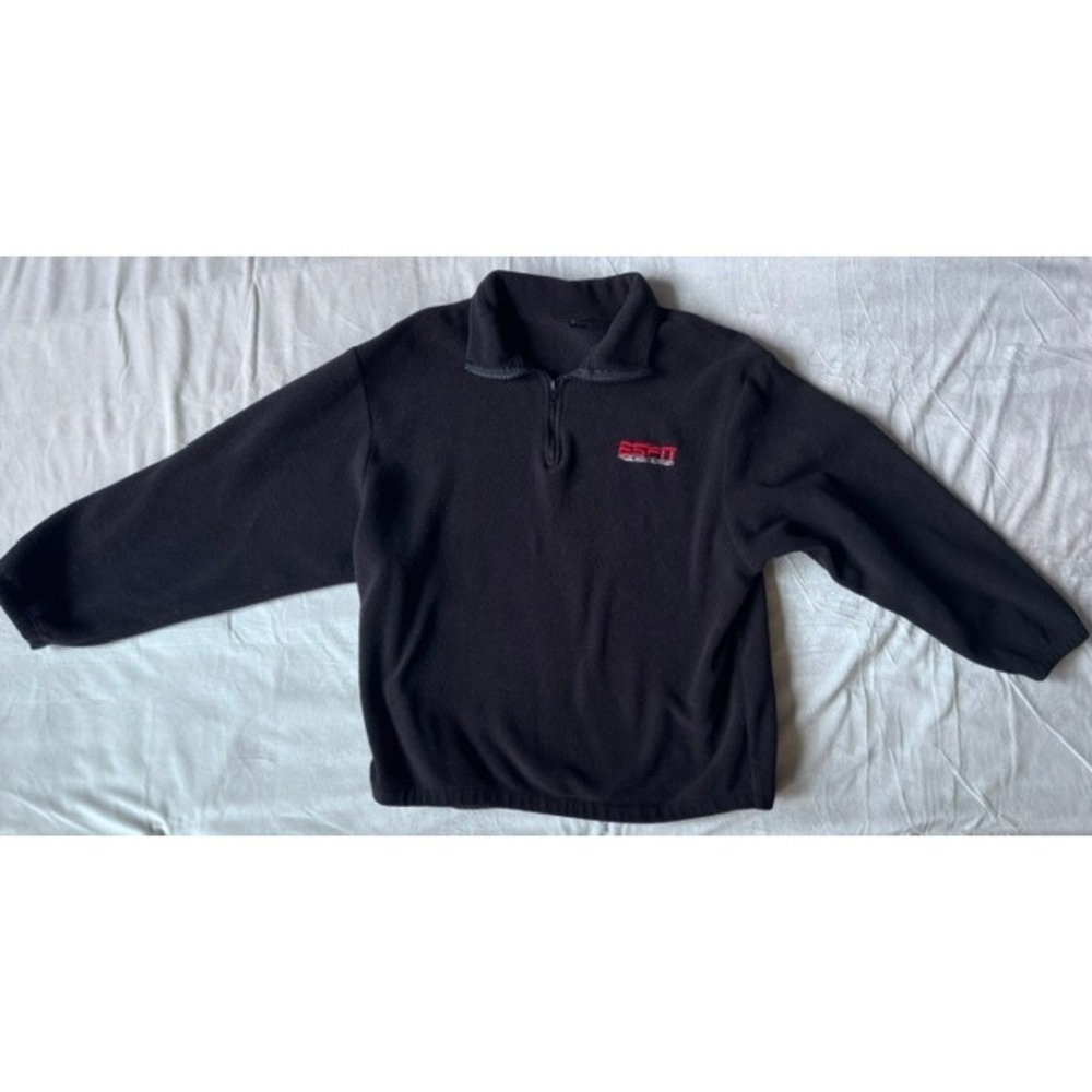 ESPN The Magazine Mens Quarter Zip Fleece Pullover Black Embroidered Logo XL Y2K